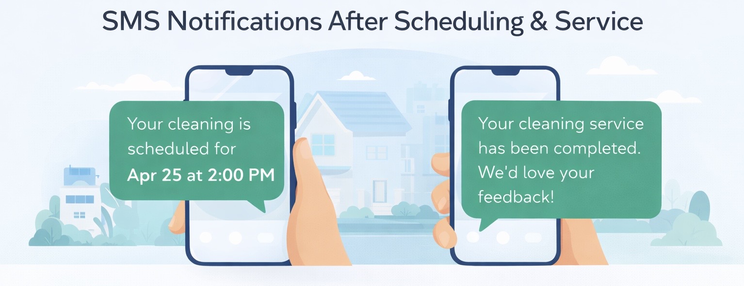 Phone showing SMS confirmation with cleaning date and time and follow-up message after service completion