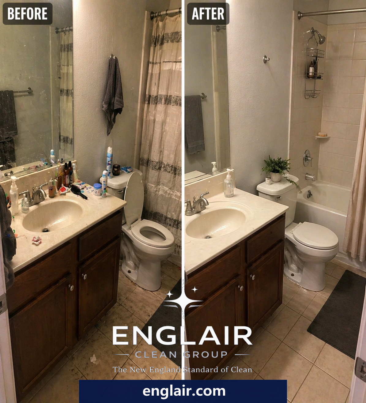 Before and after bathroom cleaning by Englair Clean Group