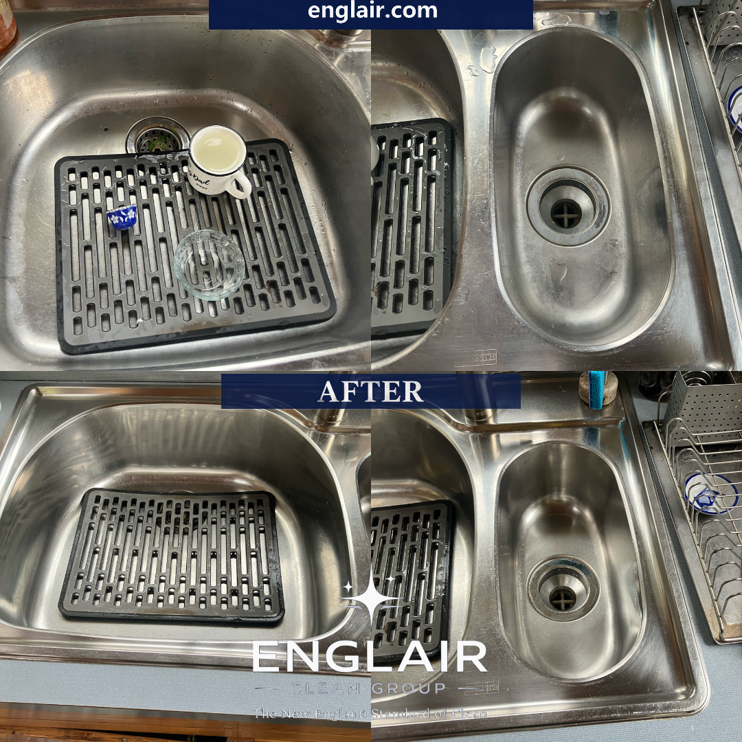 Before and after kitchen sink deep cleaning by Englair Clean Group
