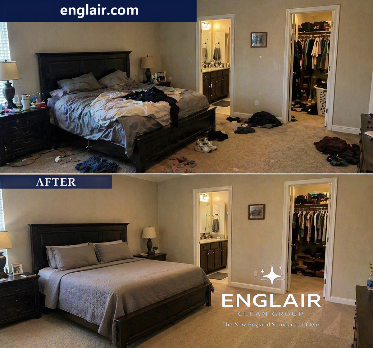 Before and after bedroom cleaning by Englair Clean Group