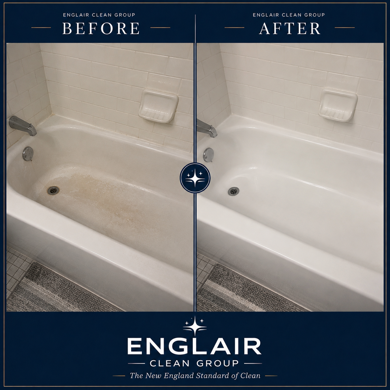 Before and after standard bathtub cleaning result by Englair Clean Group