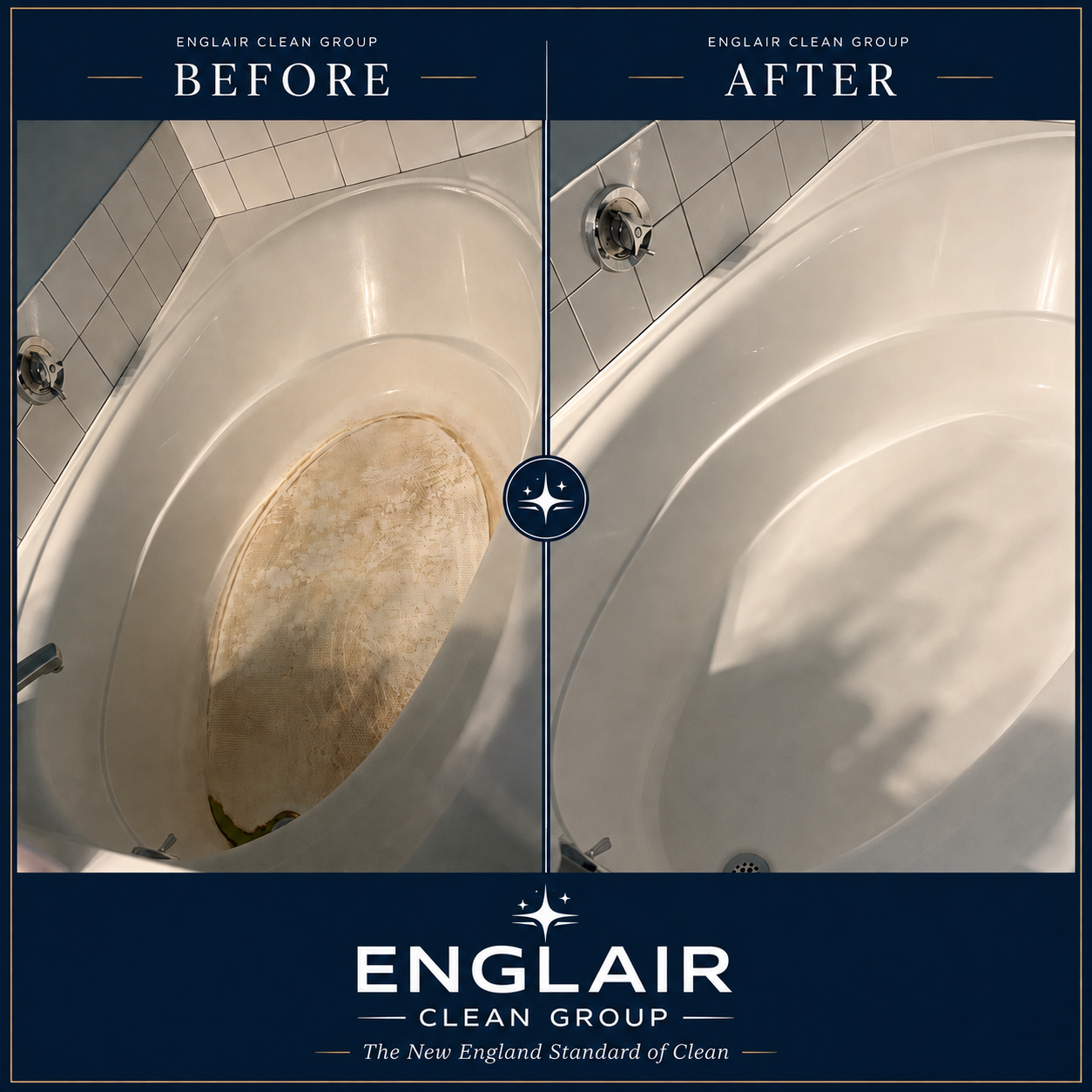 Before and after corner bathtub cleaning result by Englair Clean Group