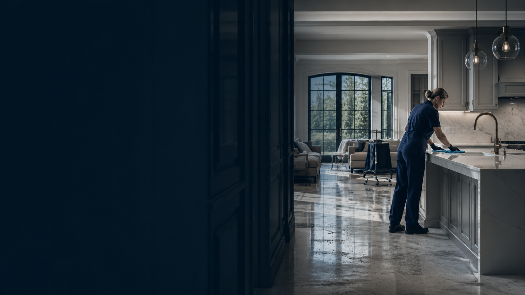 Professional post-construction cleaning in a newly completed residence