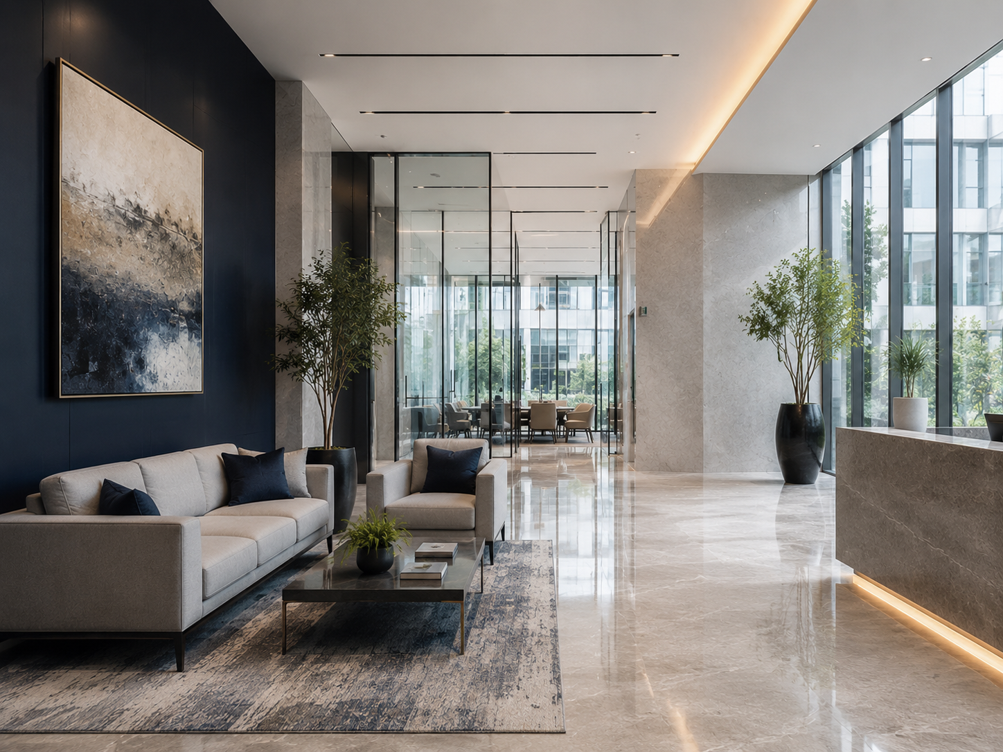 Premium commercial hallway with polished floors and organized waste station