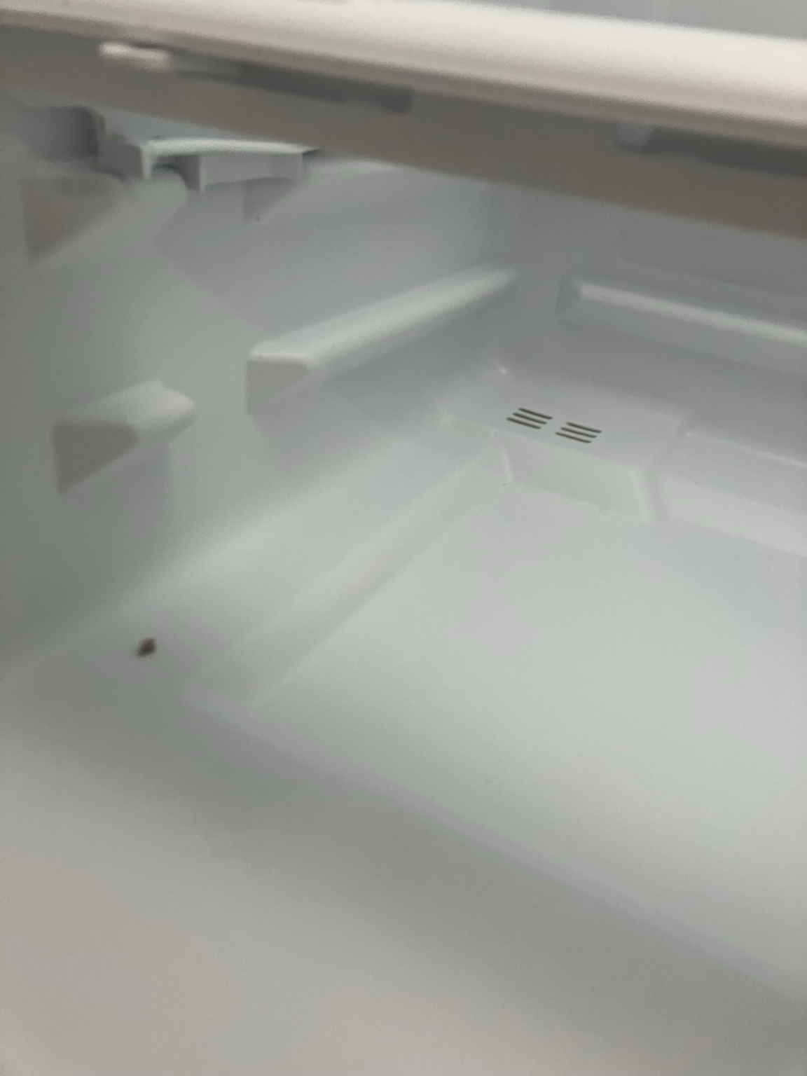 Small food residue visible on a refrigerator interior surface