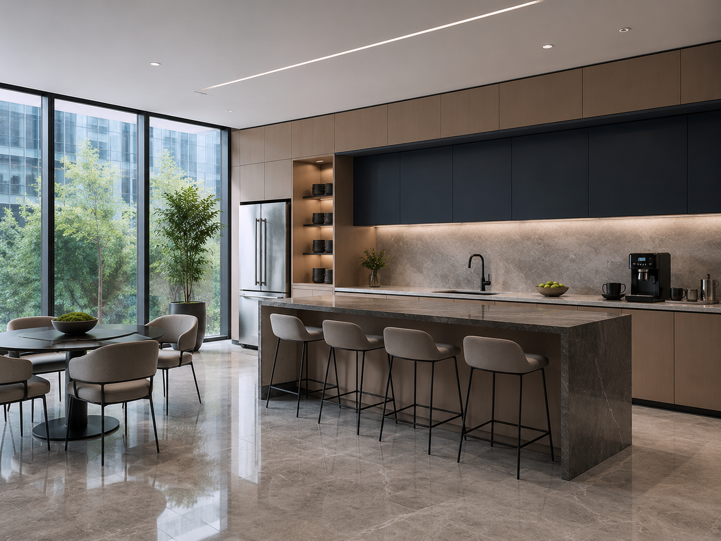 Premium commercial break room and kitchenette representing shared workplace cleaning