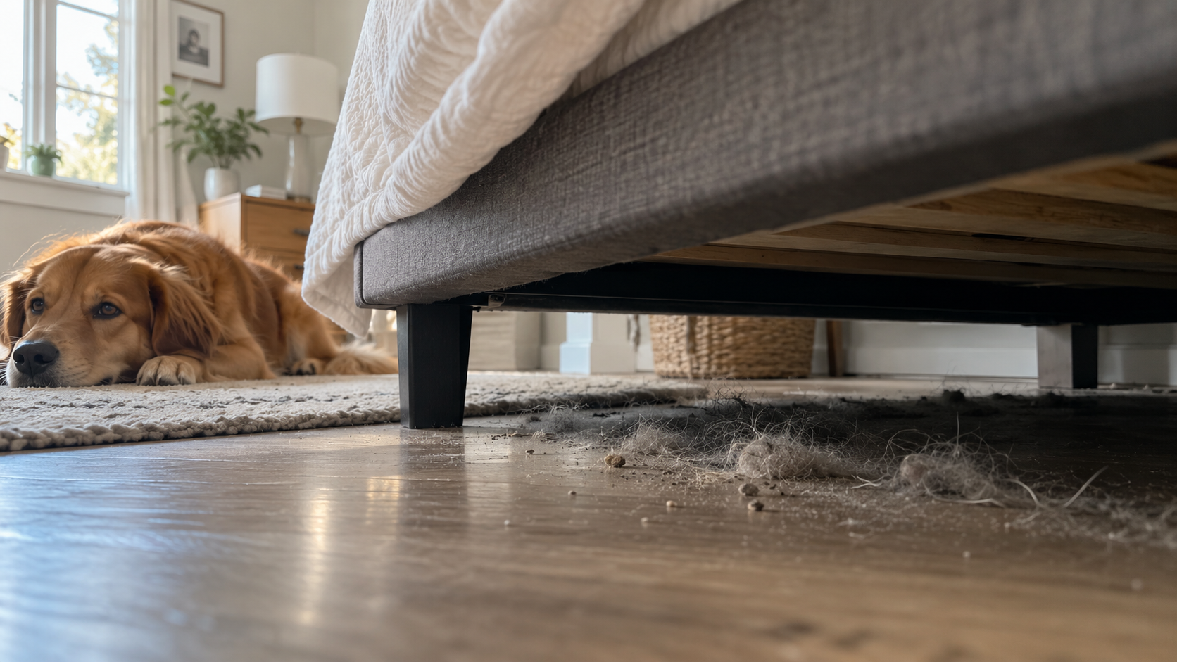 Bedroom with a dog illustrating hidden dust beneath the bed
